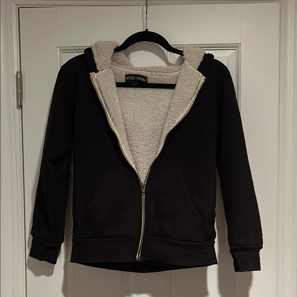 Vintage Havana Black Jacket With Heavy White Fleece